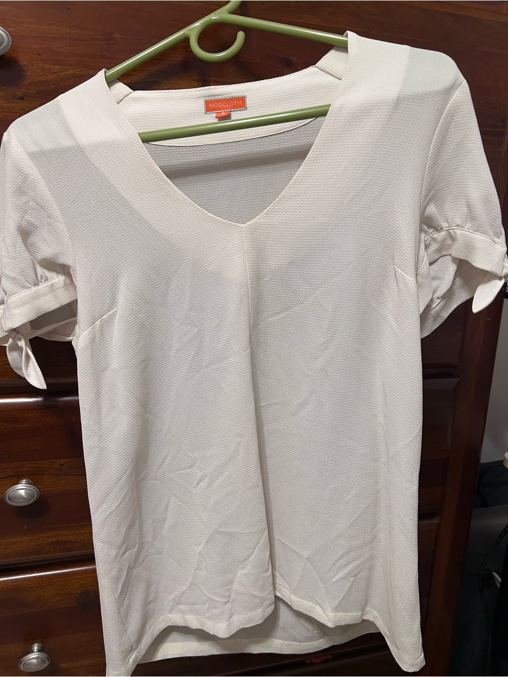 ModCloth Cream V-Neck Short Sleeve Top with Tie Sleeves